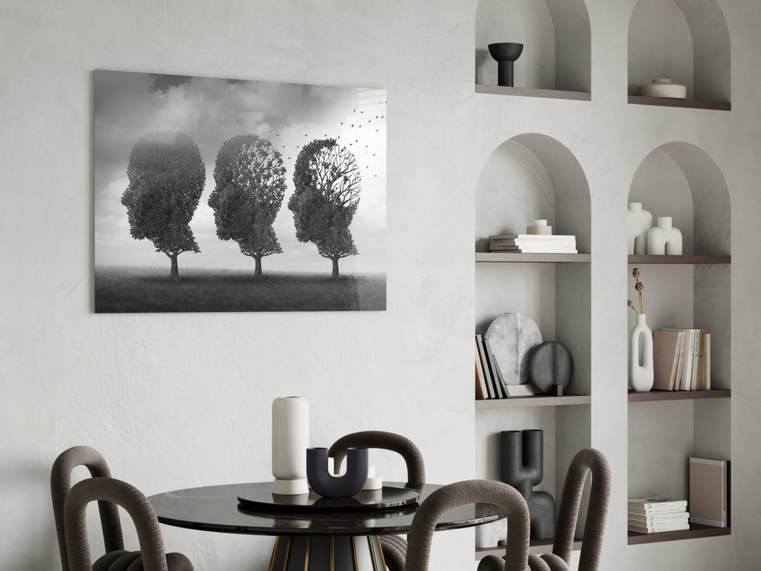 Three Head Shaped Trees Losing Leaves Glass Wall Art
