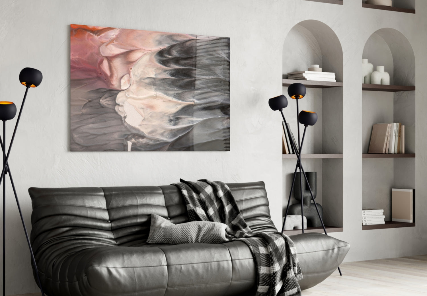Blush and Charcoal Feather Smoke Glass Wall Art