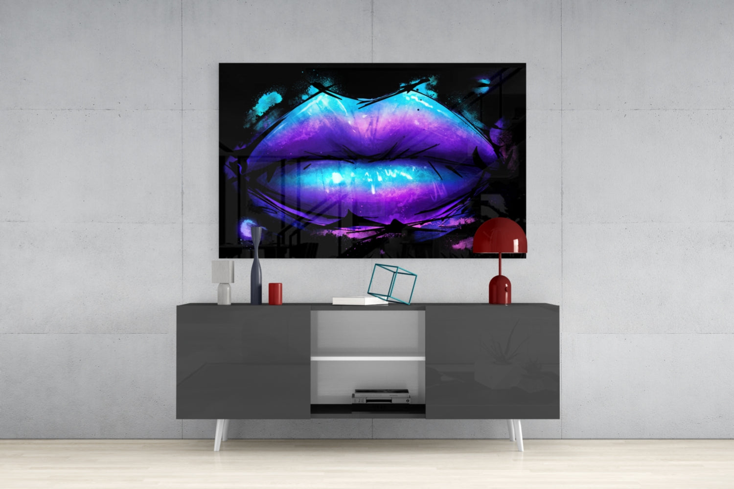 Purple Turquoise Galaxy Painted Lips Glass Wall Art