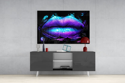 Purple Turquoise Galaxy Painted Lips Glass Wall Art