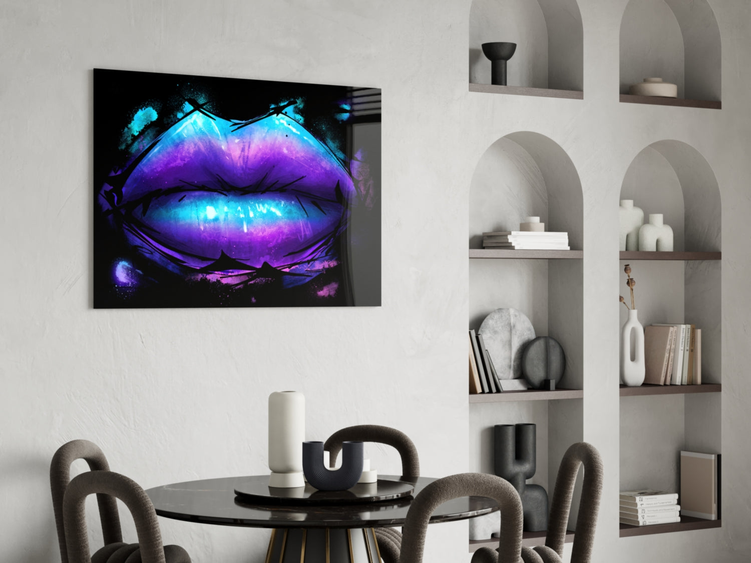 Purple Turquoise Galaxy Painted Lips Glass Wall Art