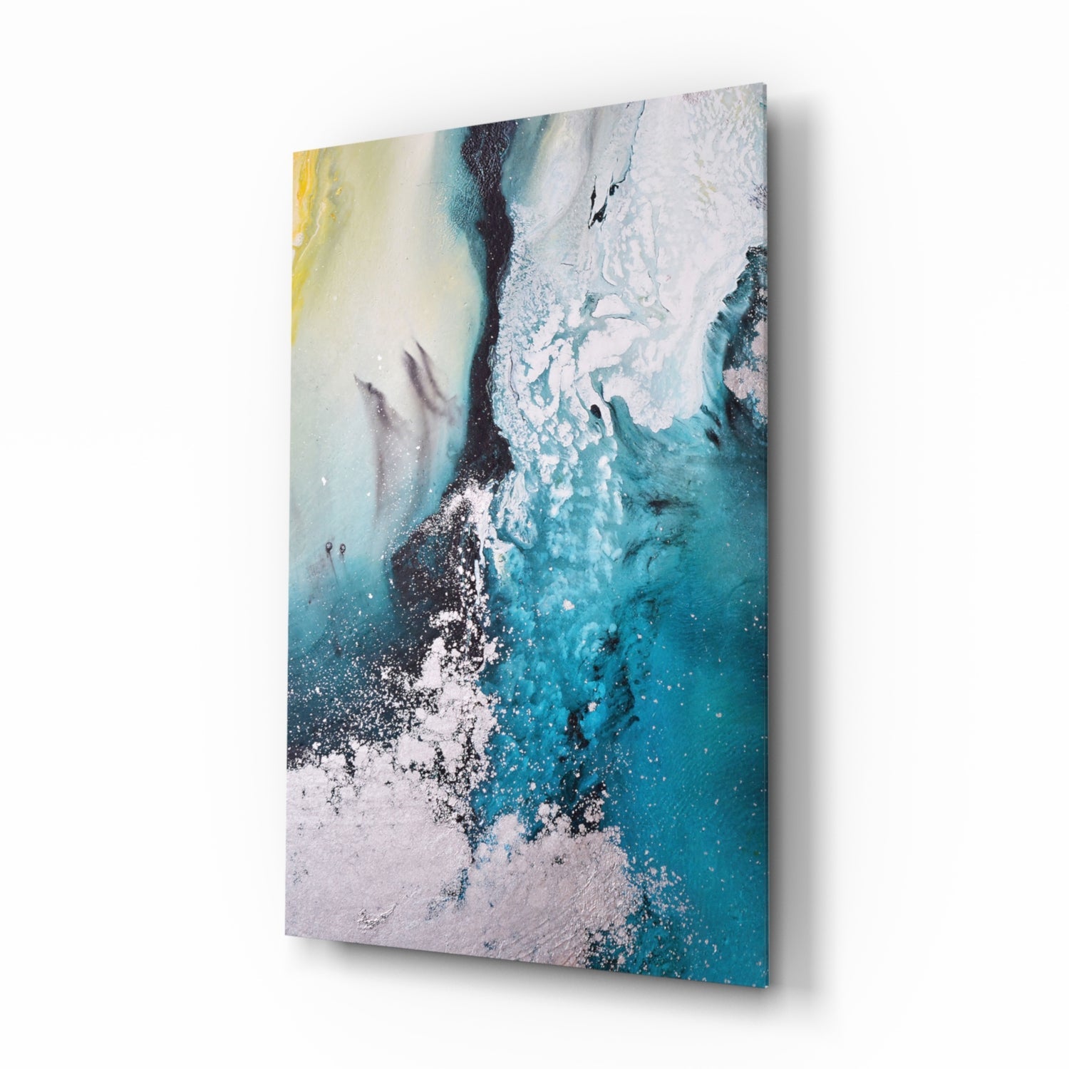 Teal Yellow Ink Cascade Glass Wall Art