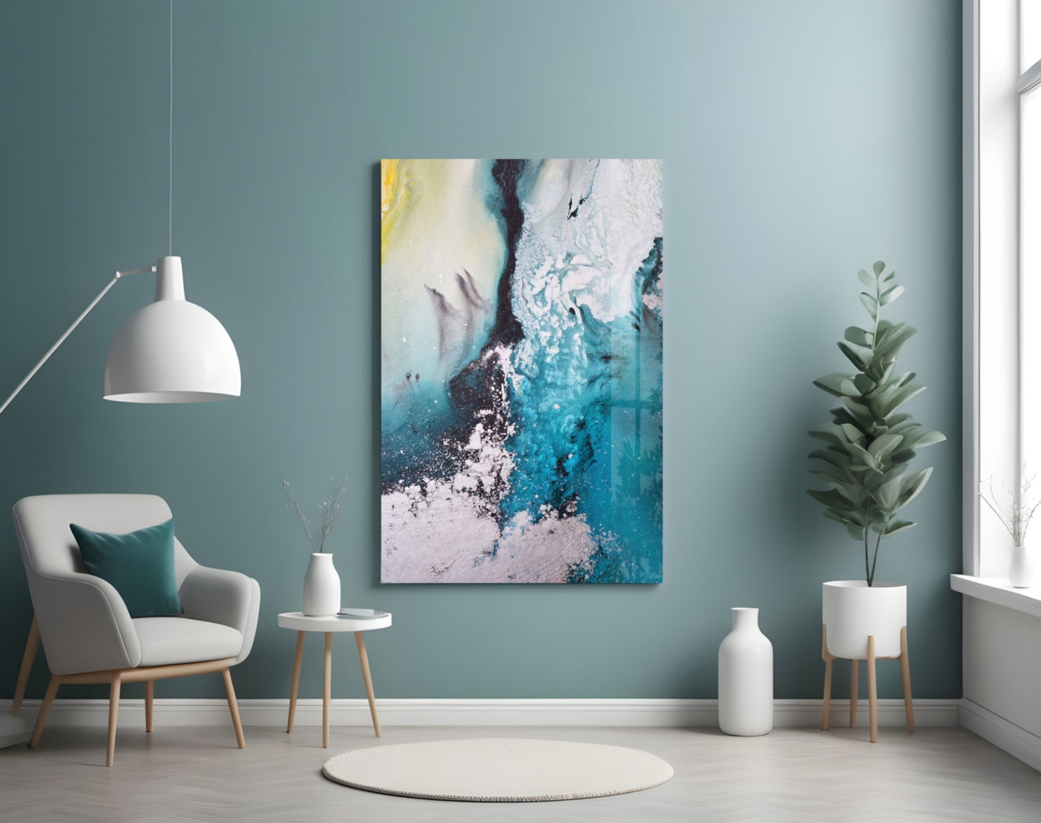 Teal Yellow Ink Cascade Glass Wall Art