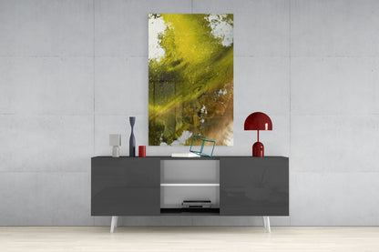 Olive Green Gold Fluid Ink Glass Wall Art