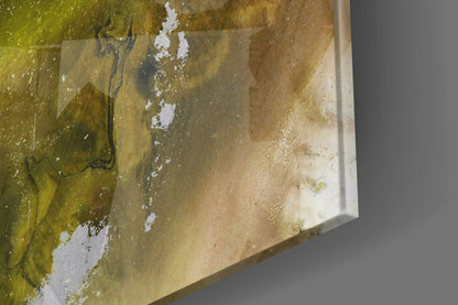 Olive Green Gold Fluid Ink Glass Wall Art