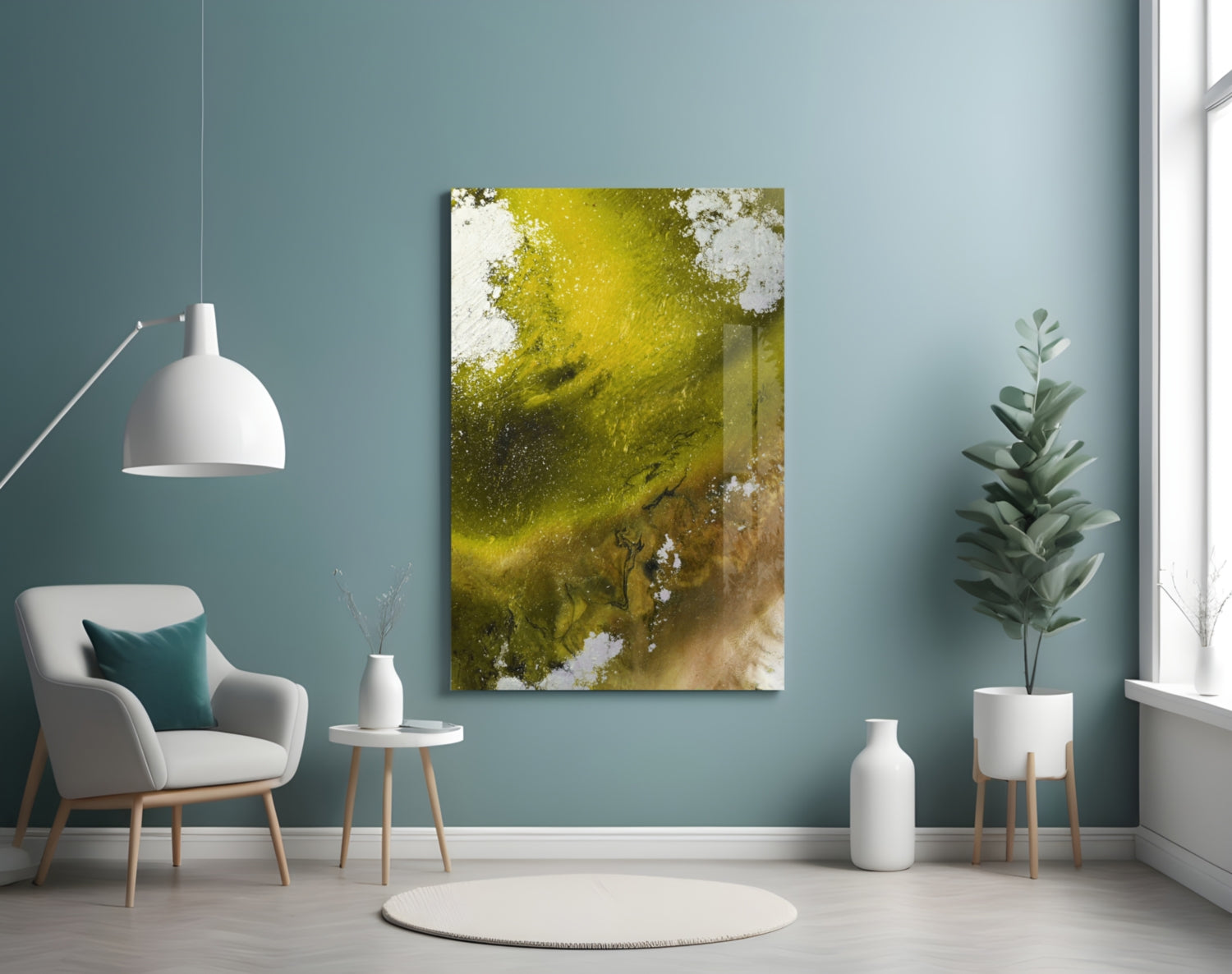 Olive Green Gold Fluid Ink Glass Wall Art