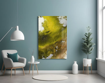 Olive Green Gold Fluid Ink Glass Wall Art