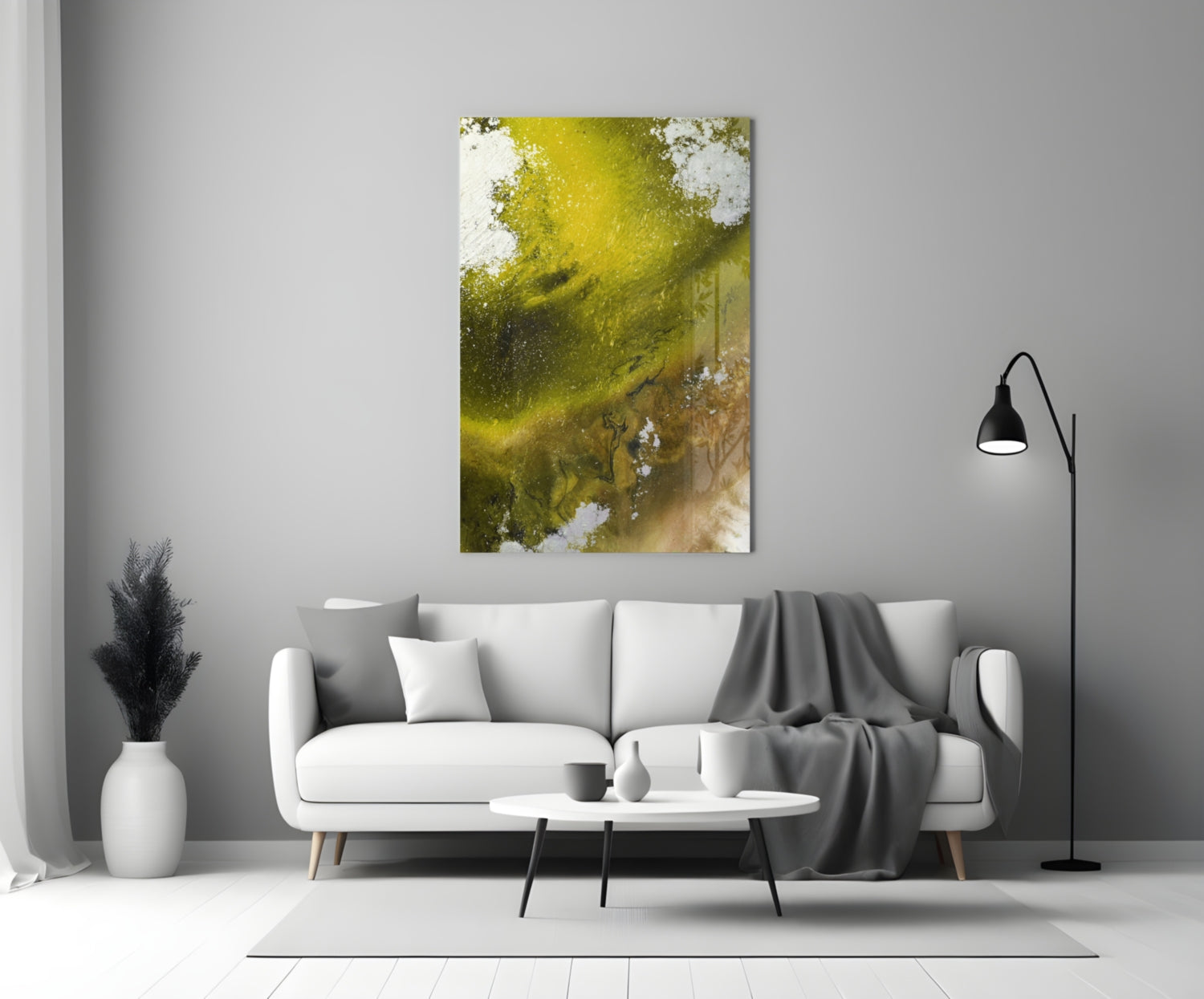 Olive Green Gold Fluid Ink Glass Wall Art