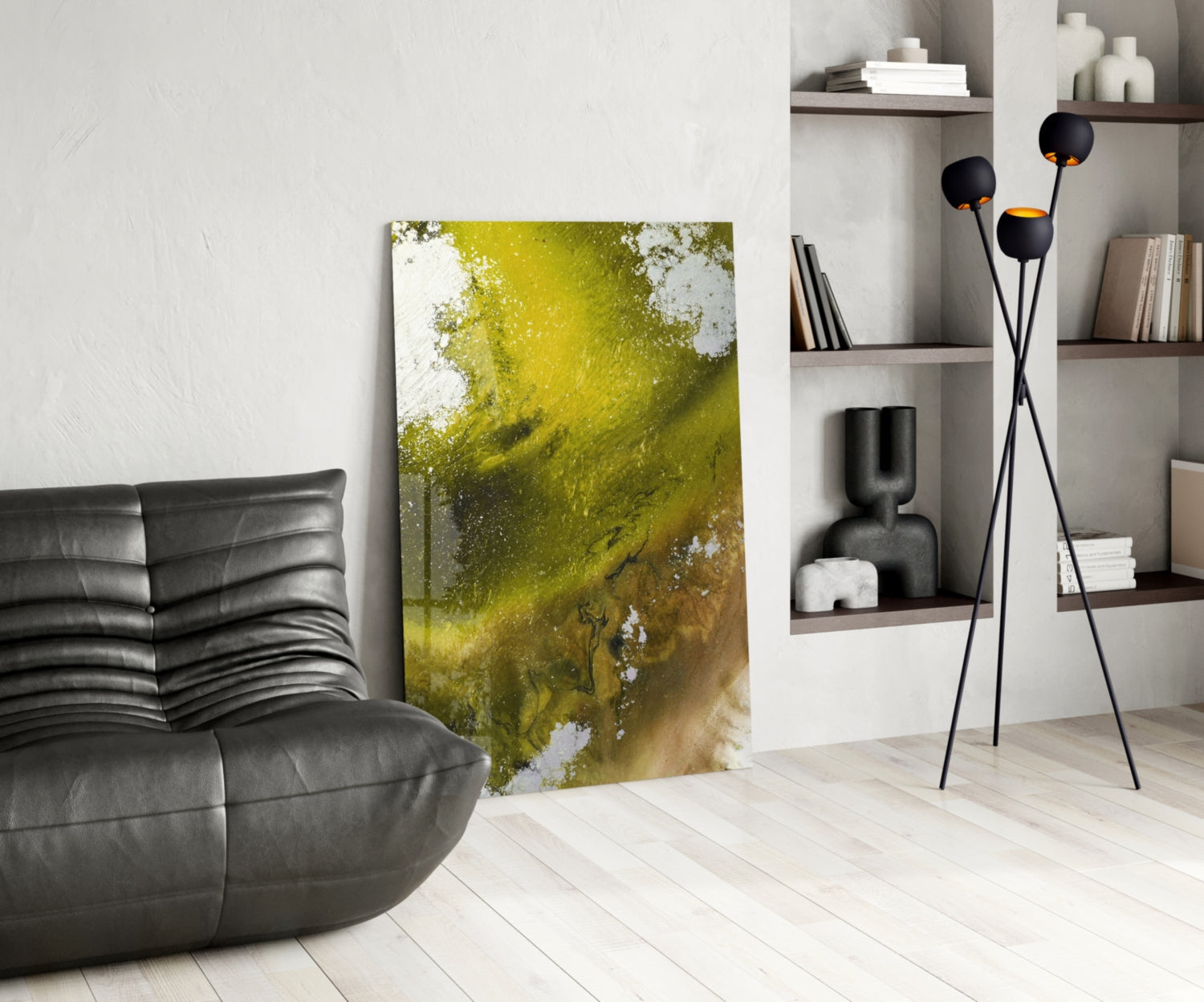 Olive Green Gold Fluid Ink Glass Wall Art