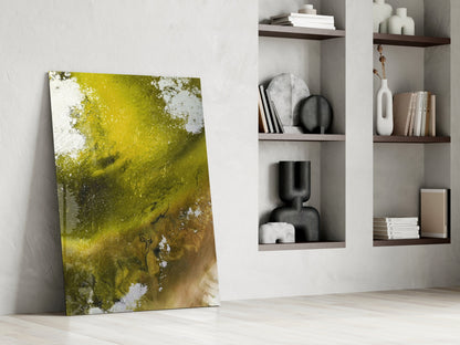 Olive Green Gold Fluid Ink Glass Wall Art