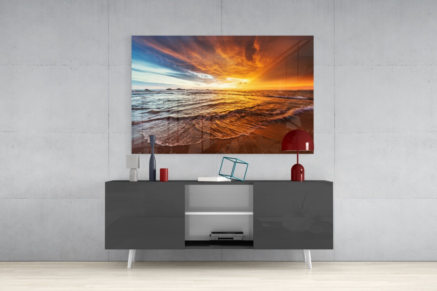 Fiery Sky Beach Sunset Glass Wall Art