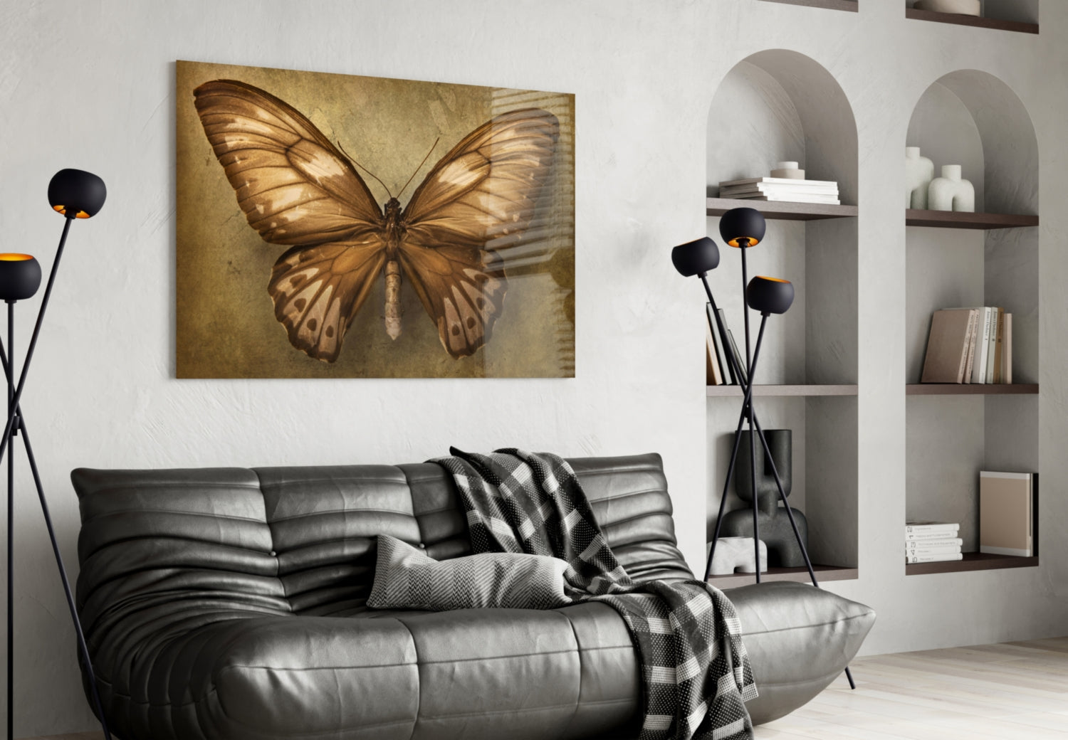 Vintage Sepia Butterfly Glass Wall Art