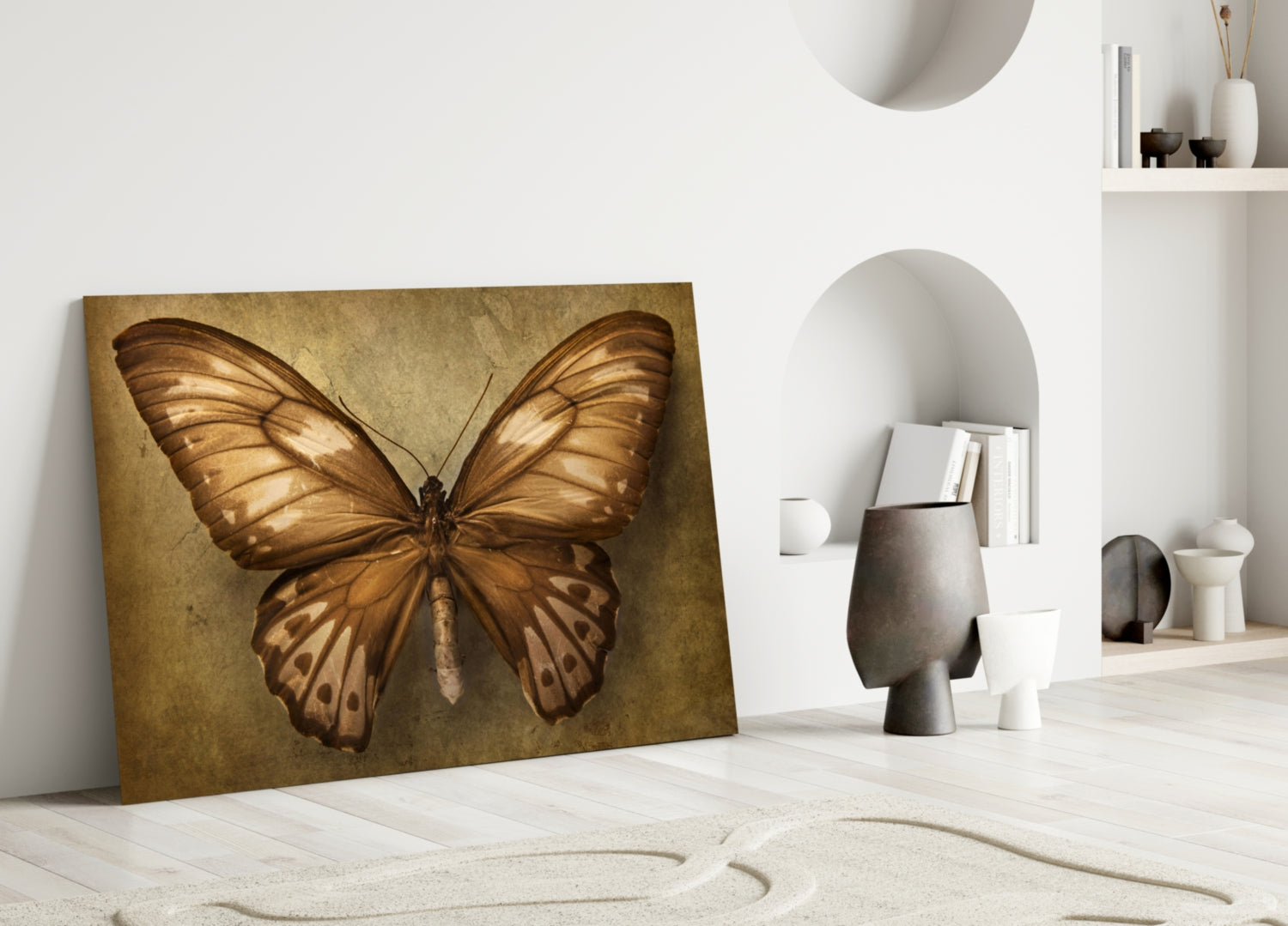 Vintage Sepia Butterfly Glass Wall Art