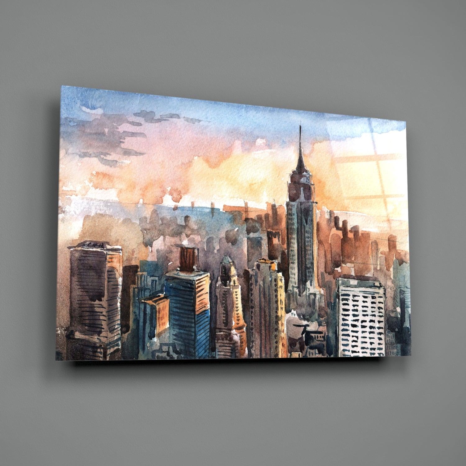 Watercolor Manhattan Skyline Sunset Glass Wall Art