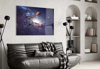 Purple Galaxy Planets And Saturn Glass Wall Art