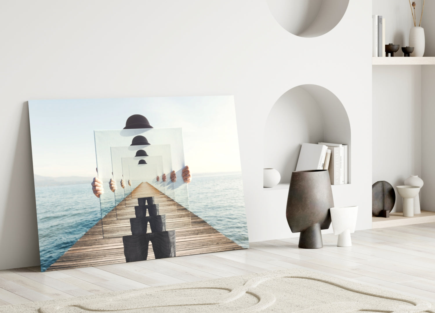 Surreal Recursive Pier Bowler Hat Man Glass Wall Art