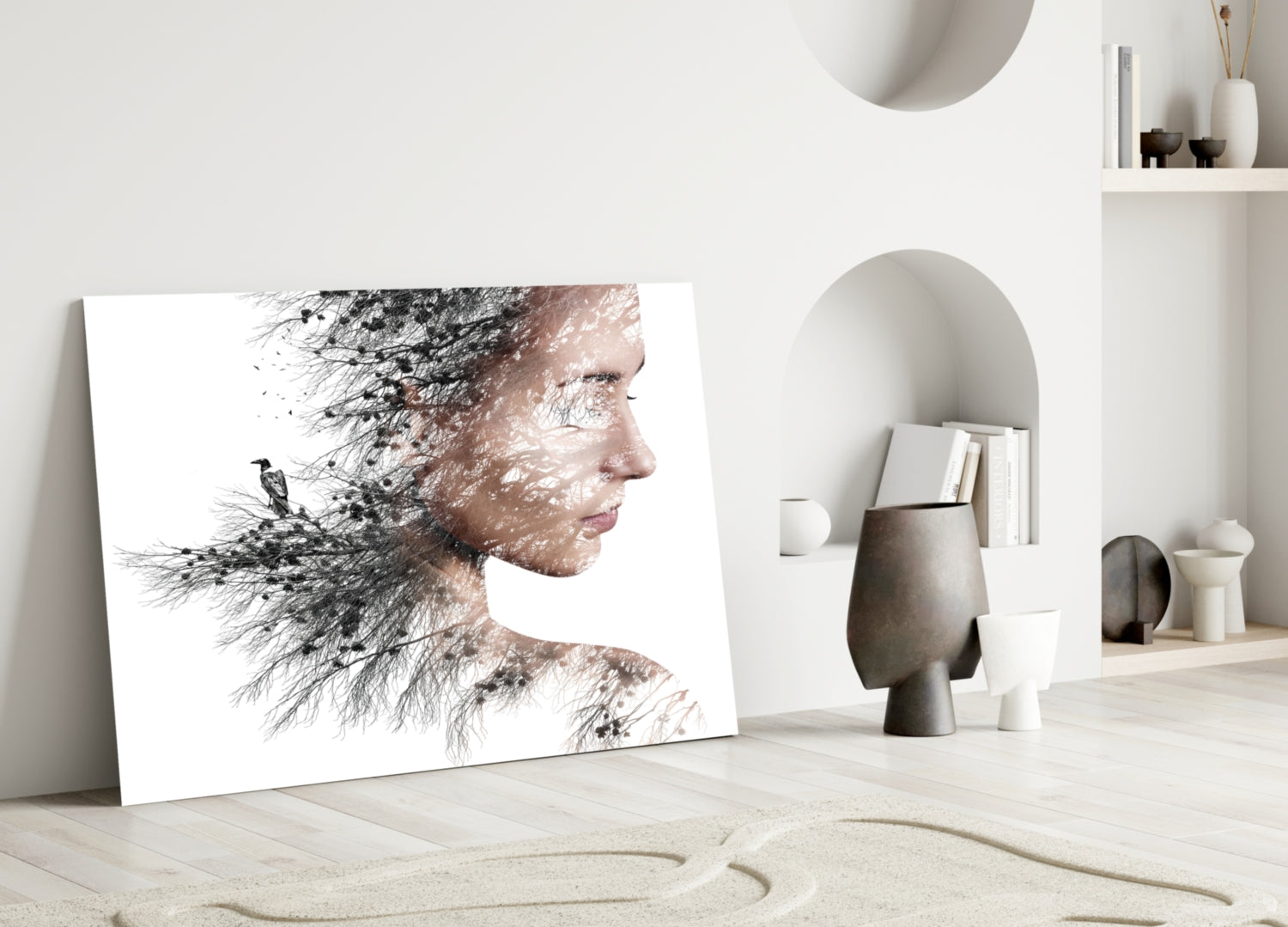 Soft Neutral Windswept Branches Portrait Glass Wall Art