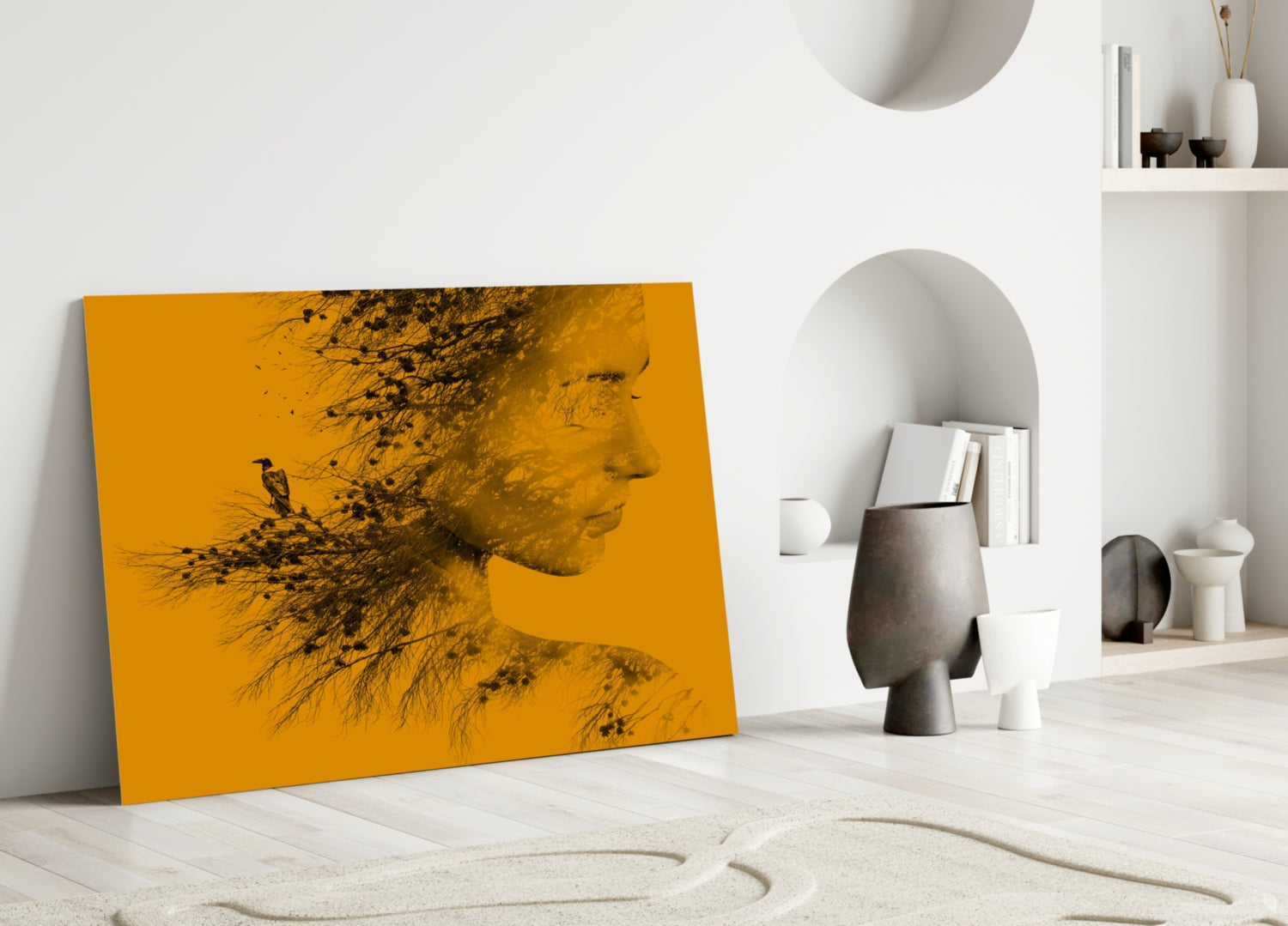Amber Double Exposure Woman And Bird Glass Wall Art