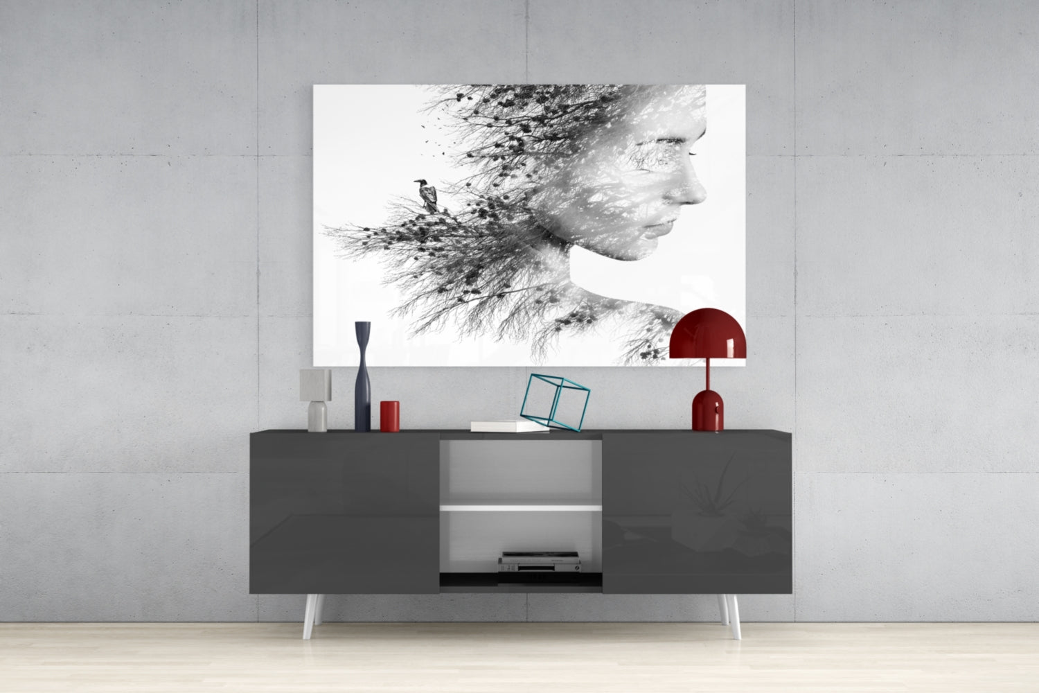 Black And White Tree Branch Woman Profile Glass Wall Art