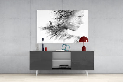 Black And White Tree Branch Woman Profile Glass Wall Art