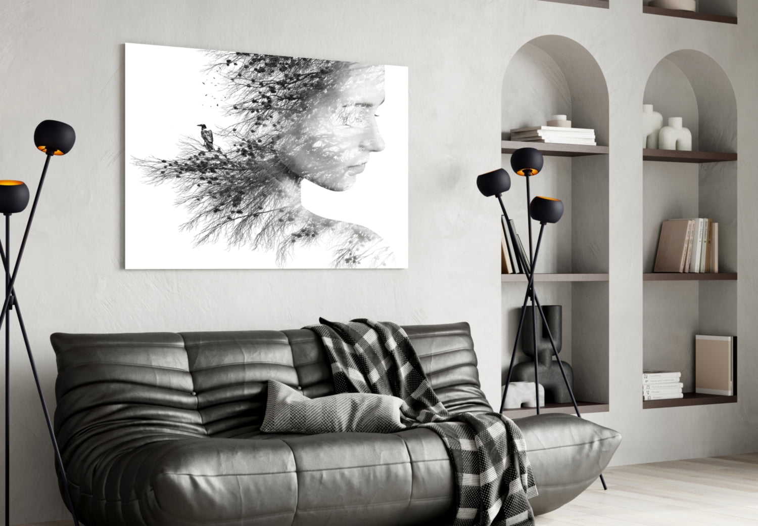 Black And White Tree Branch Woman Profile Glass Wall Art