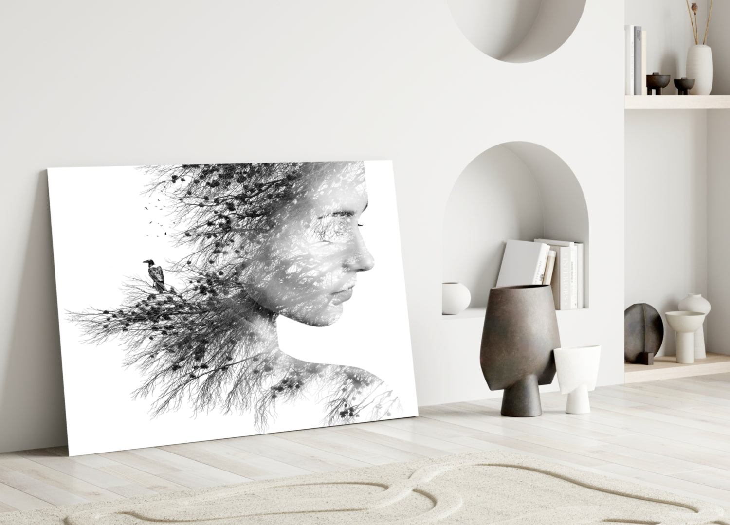 Black And White Tree Branch Woman Profile Glass Wall Art