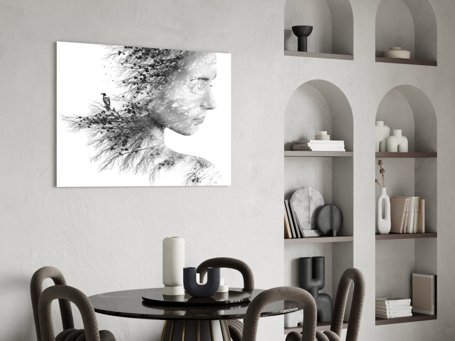 Black And White Tree Branch Woman Profile Glass Wall Art
