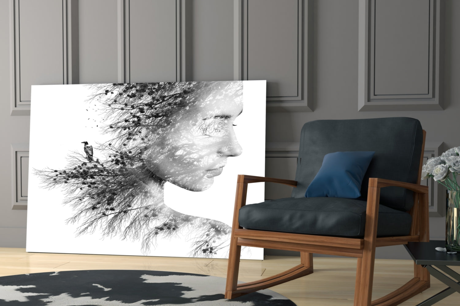 Black And White Tree Branch Woman Profile Glass Wall Art