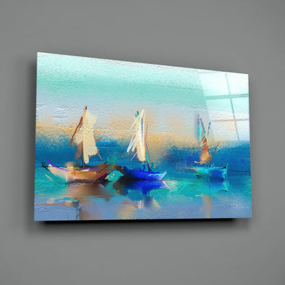 Soft Turquoise Sailboats Impasto Bay Glass Wall Art