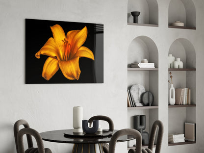 Golden Orange Lily On Black Glass Wall Art