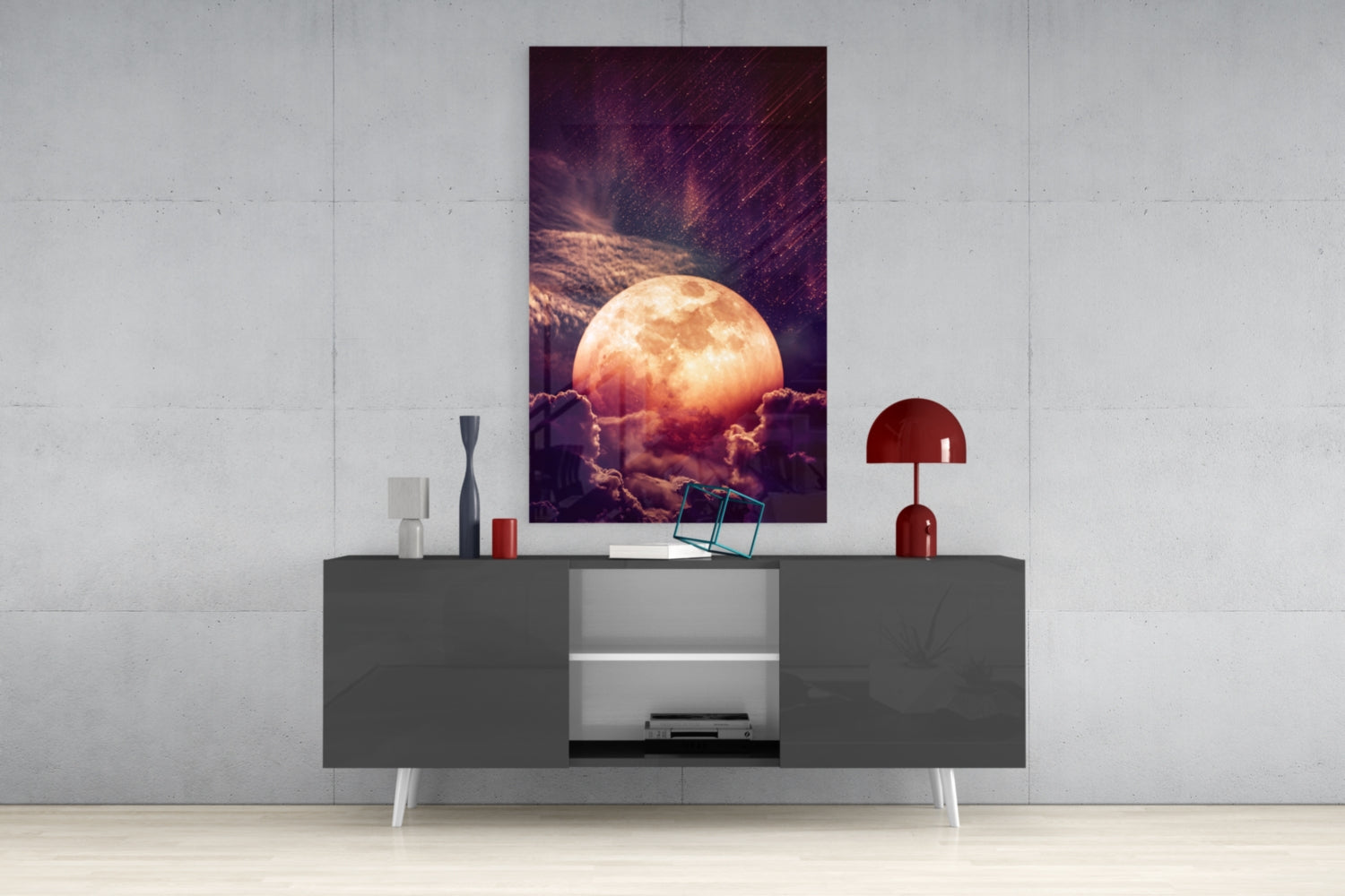 Copper Full Moon Above Clouds Glass Wall Art