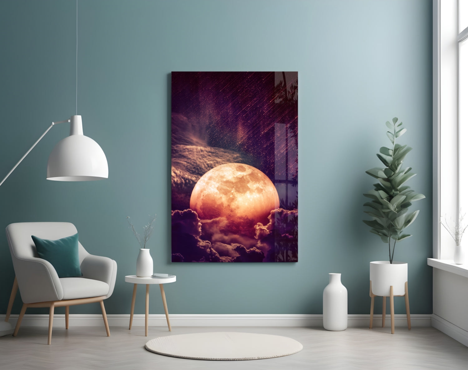 Copper Full Moon Above Clouds Glass Wall Art