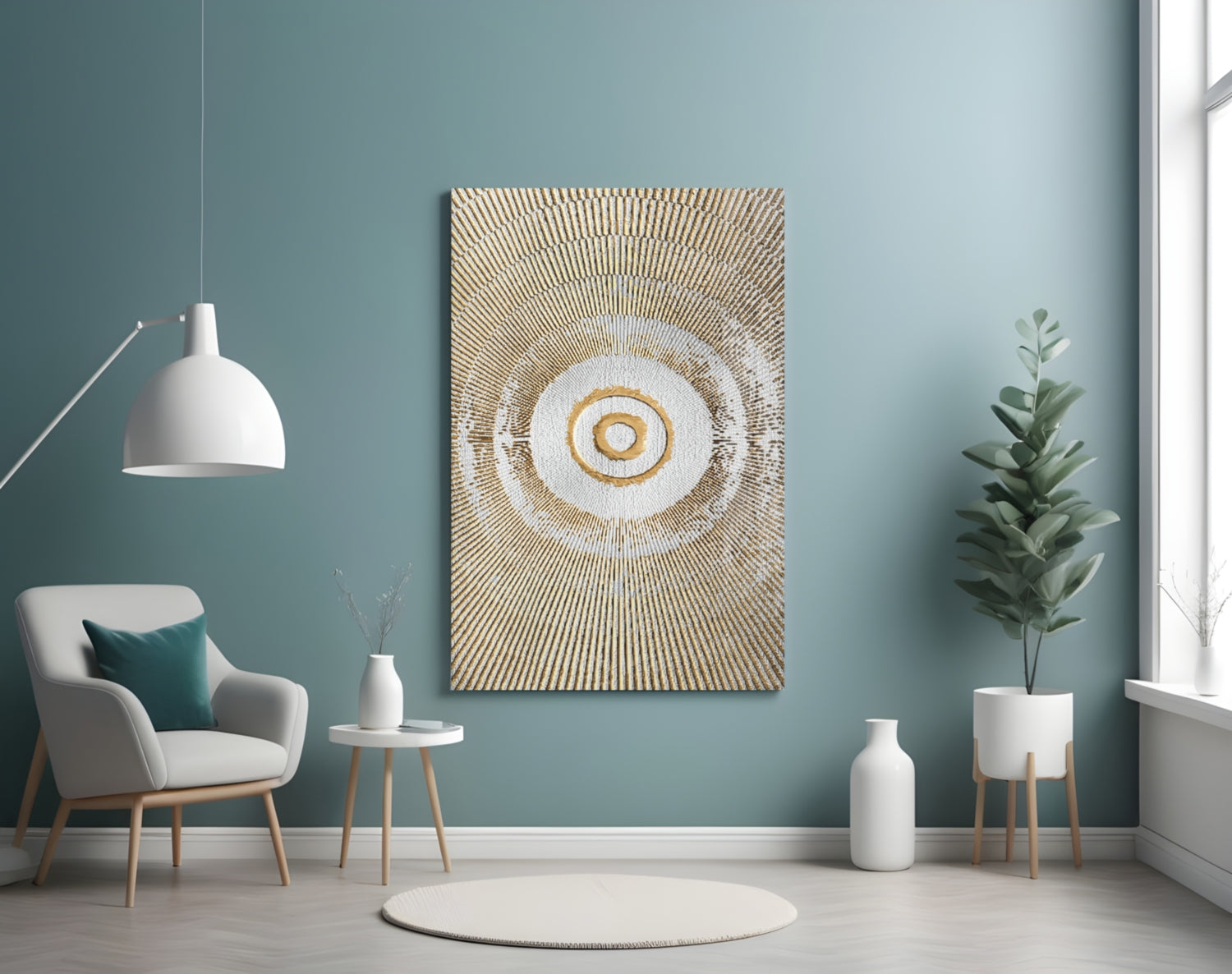 Golden Sunburst Rings Glass Wall Art