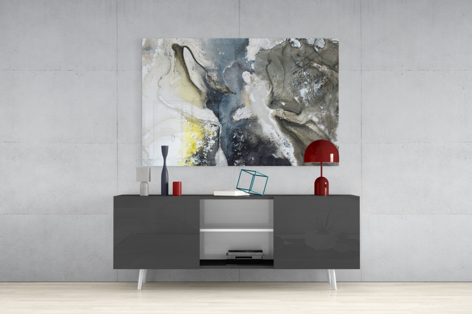 Charcoal And Yellow Ink Swirl Marble Glass Wall Art