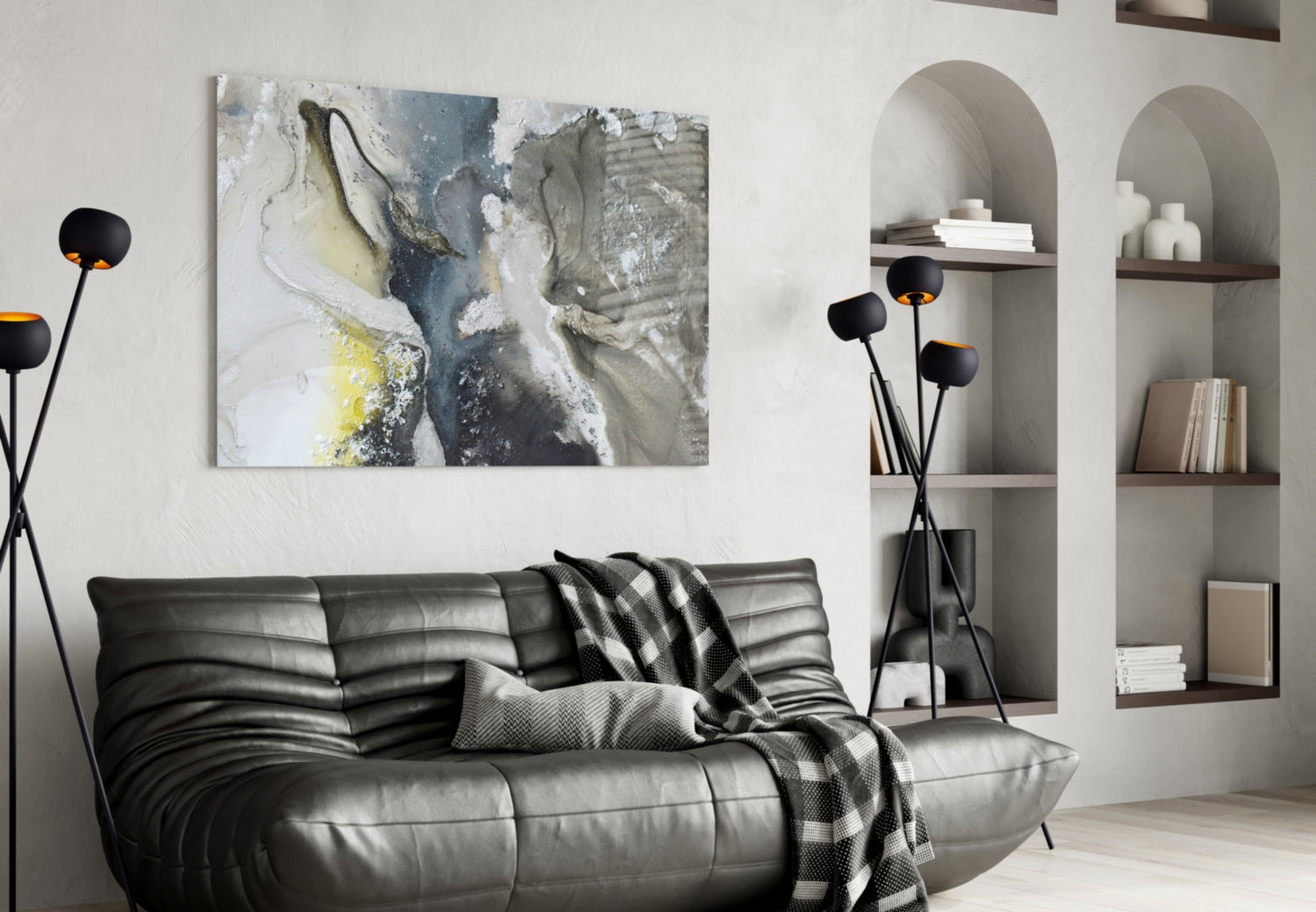 Charcoal And Yellow Ink Swirl Marble Glass Wall Art
