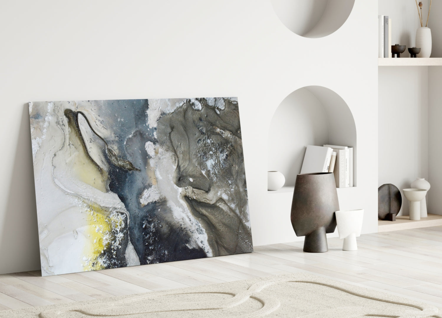 Charcoal And Yellow Ink Swirl Marble Glass Wall Art