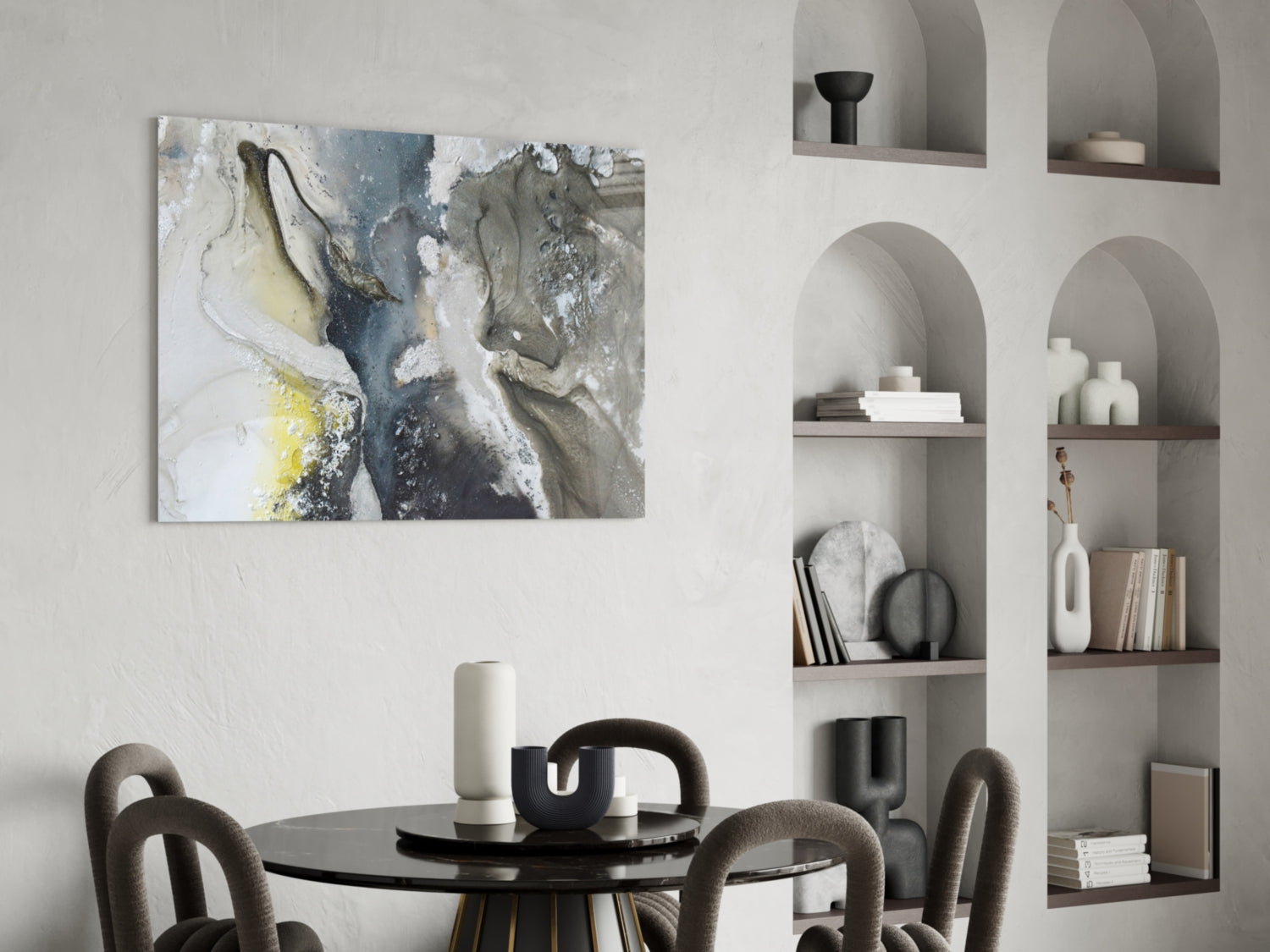 Charcoal And Yellow Ink Swirl Marble Glass Wall Art