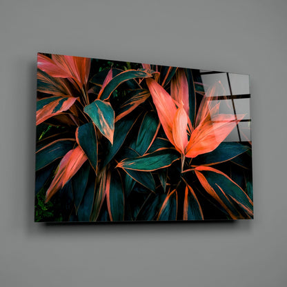 Coral Tropical Leaves Glass Wall Art