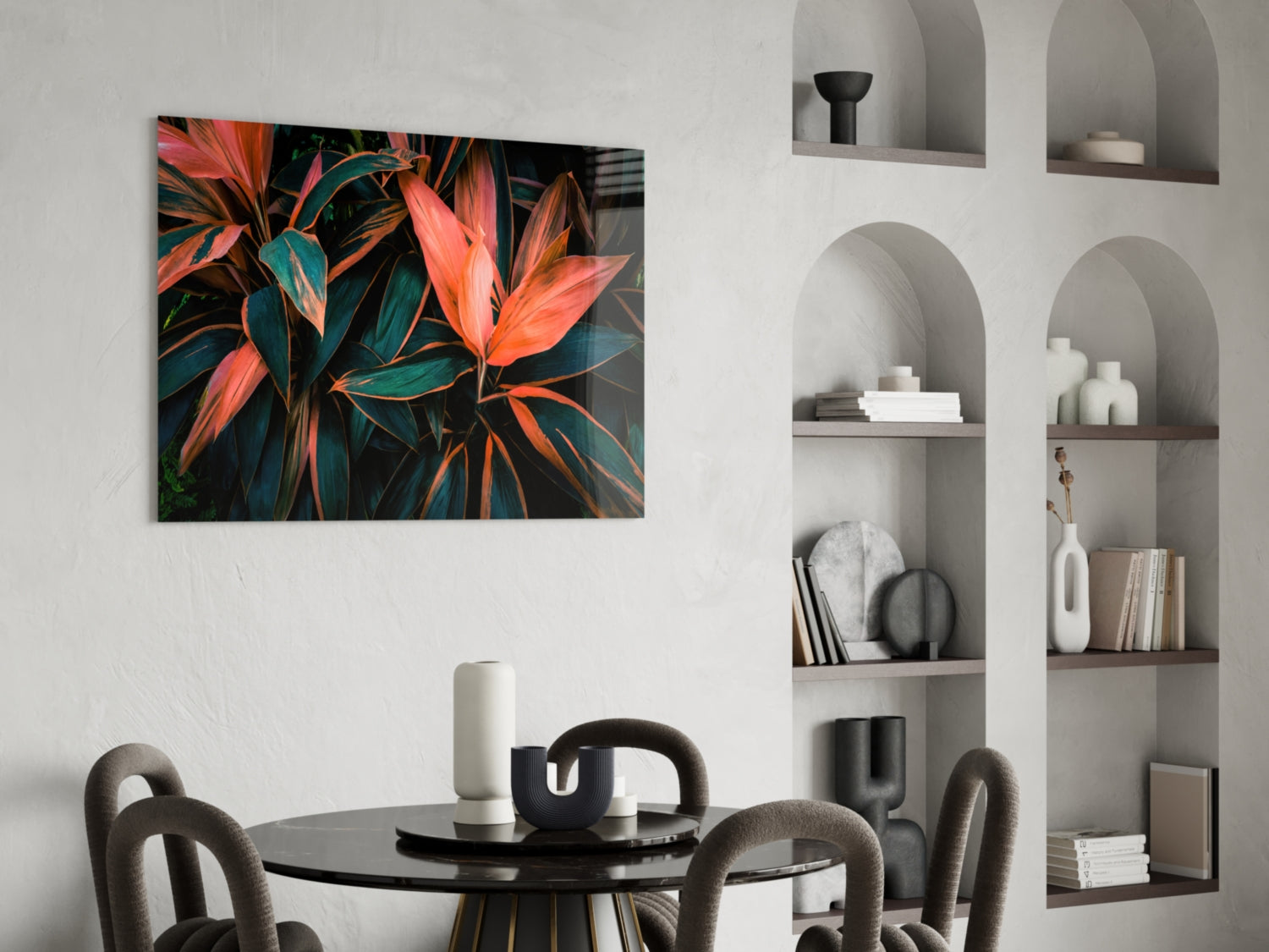 Coral Tropical Leaves Glass Wall Art