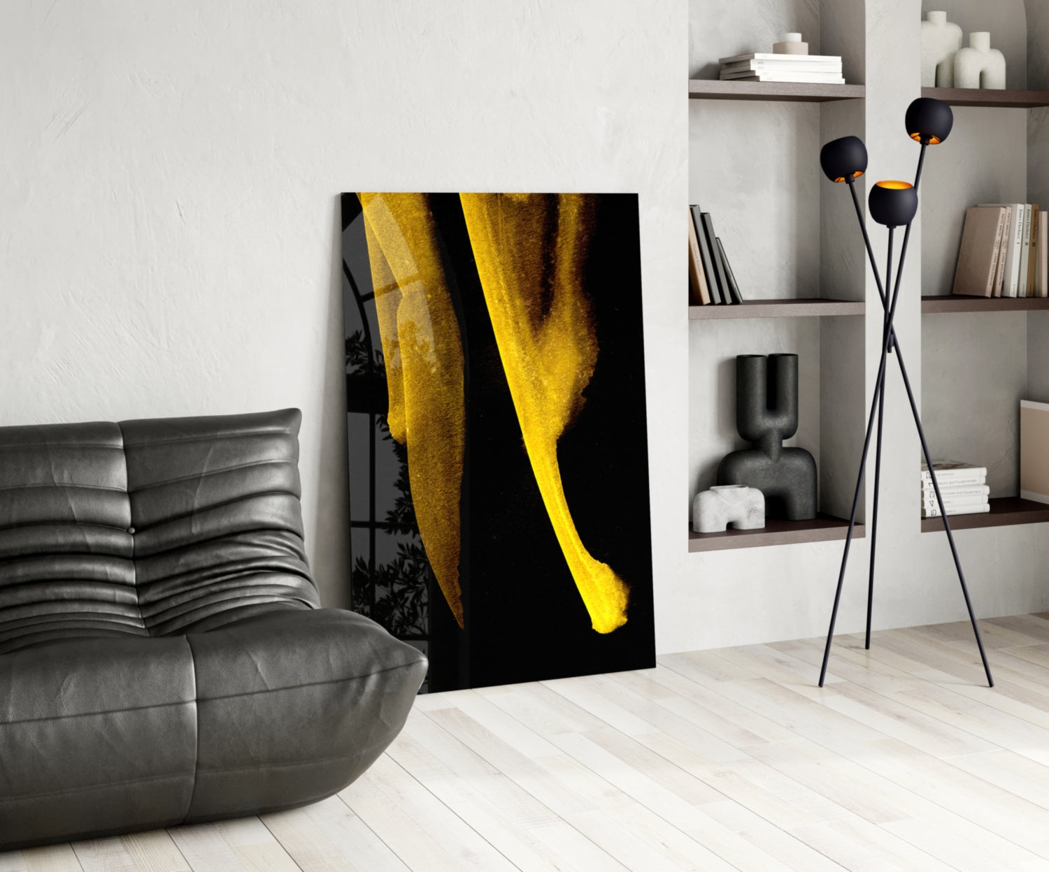 Minimal Yellow Curved Forms On Black Glass Wall Art