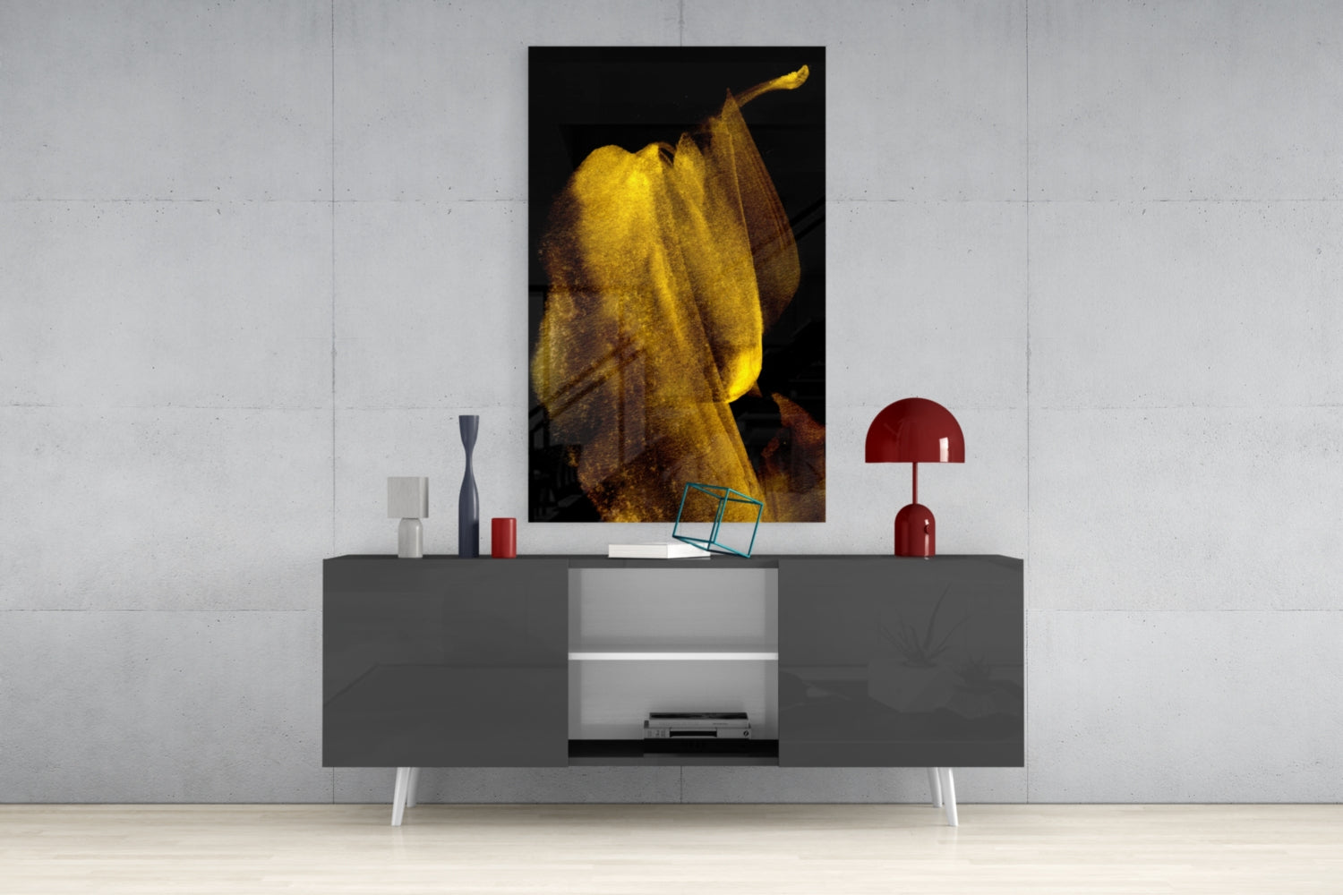 Glowing Golden Petal Macro On Black Glass Wall Art