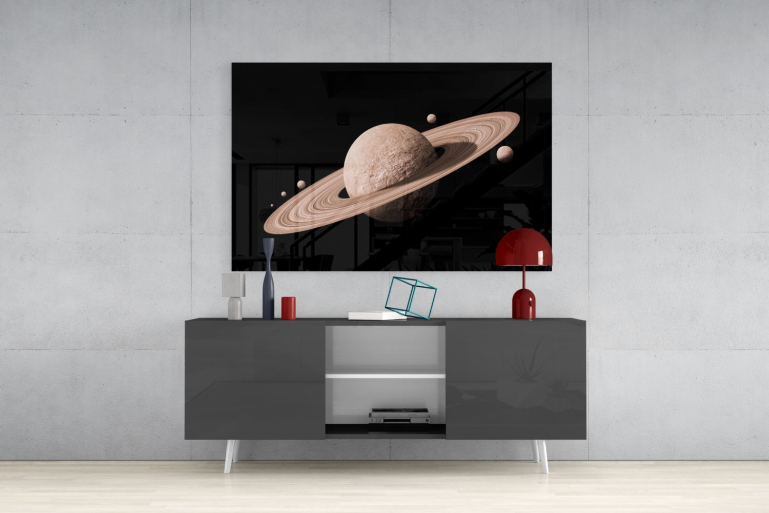Pale Rose Ringed Planet on Black Glass Wall Art