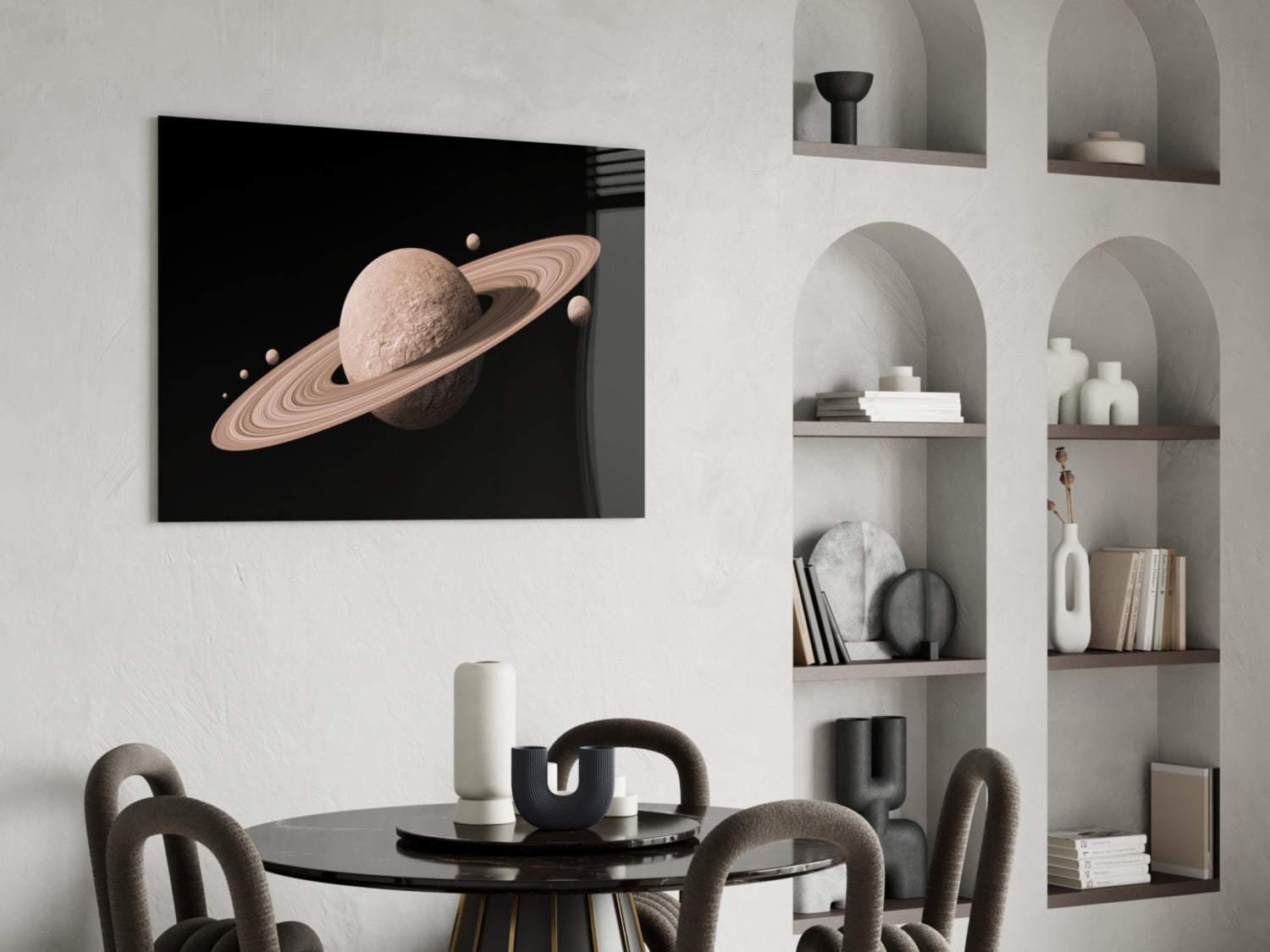 Pale Rose Ringed Planet on Black Glass Wall Art