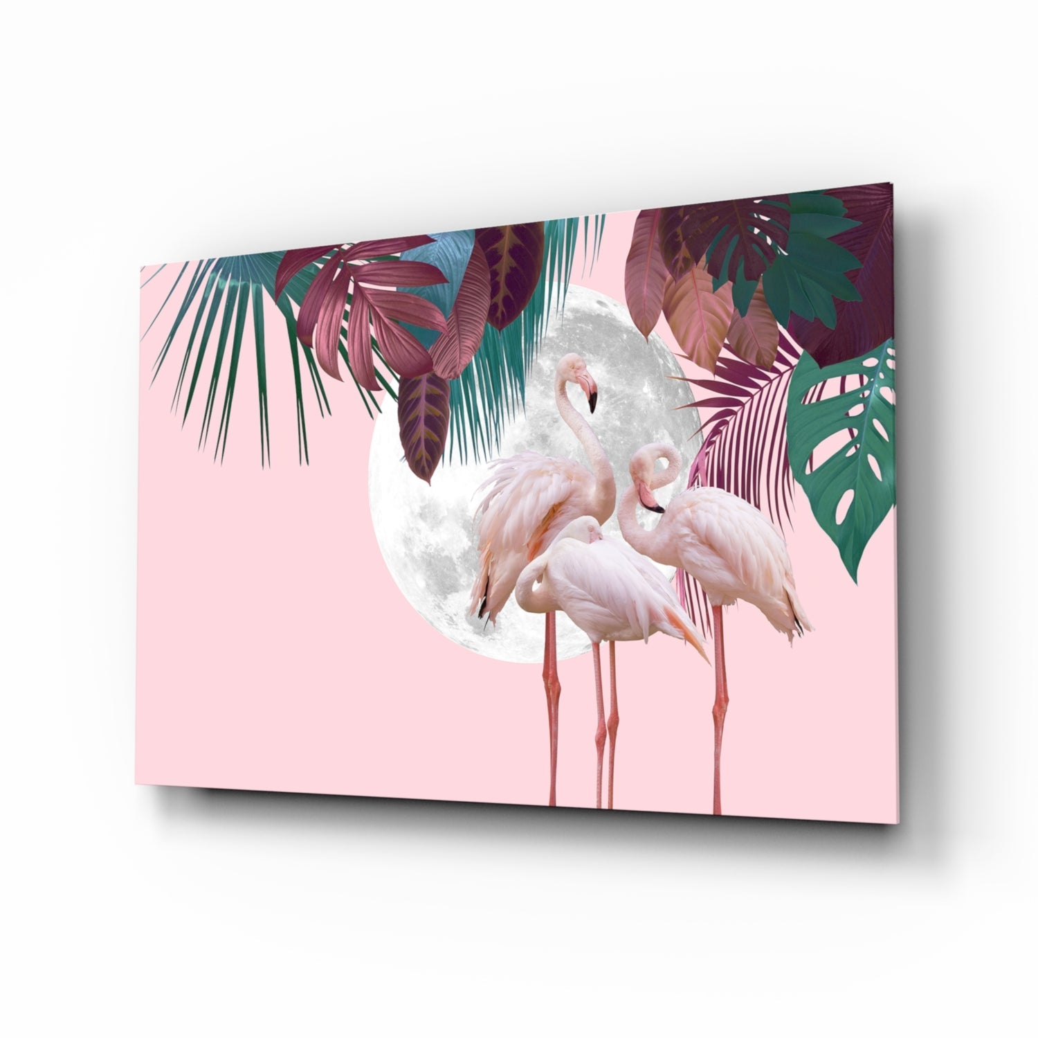 Flamingo Flock Moon Tropical Glass Wall Art