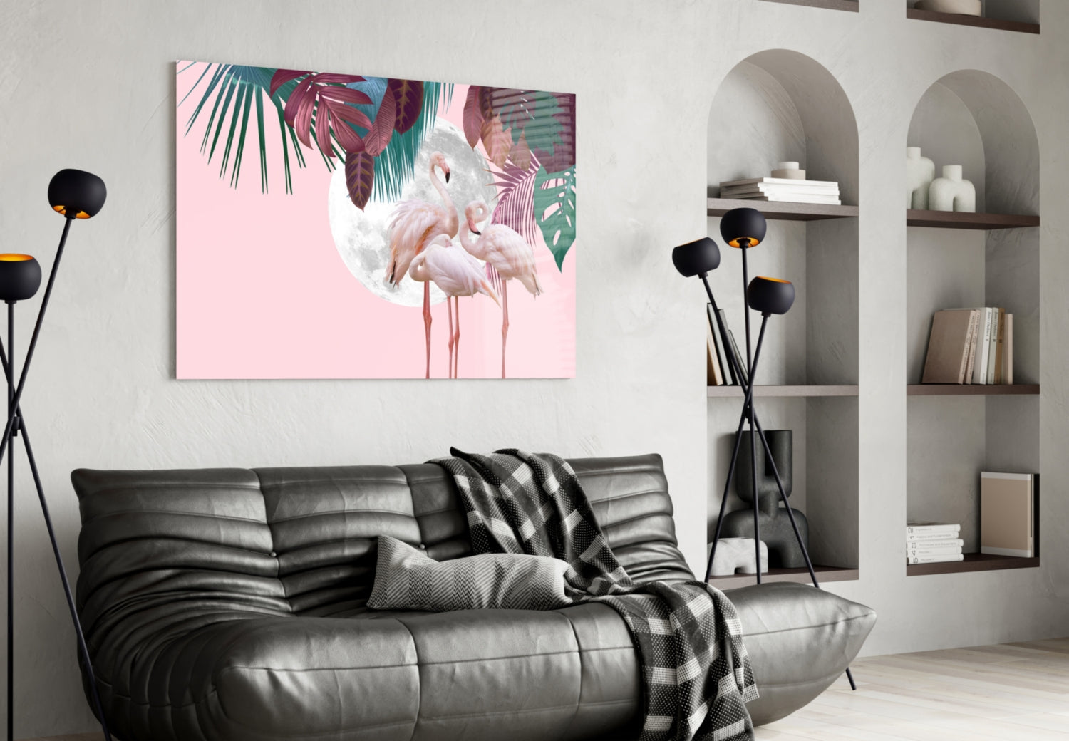 Flamingo Flock Moon Tropical Glass Wall Art