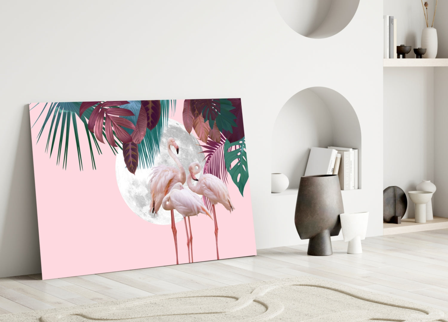 Flamingo Flock Moon Tropical Glass Wall Art