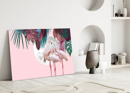 Flamingo Flock Moon Tropical Glass Wall Art