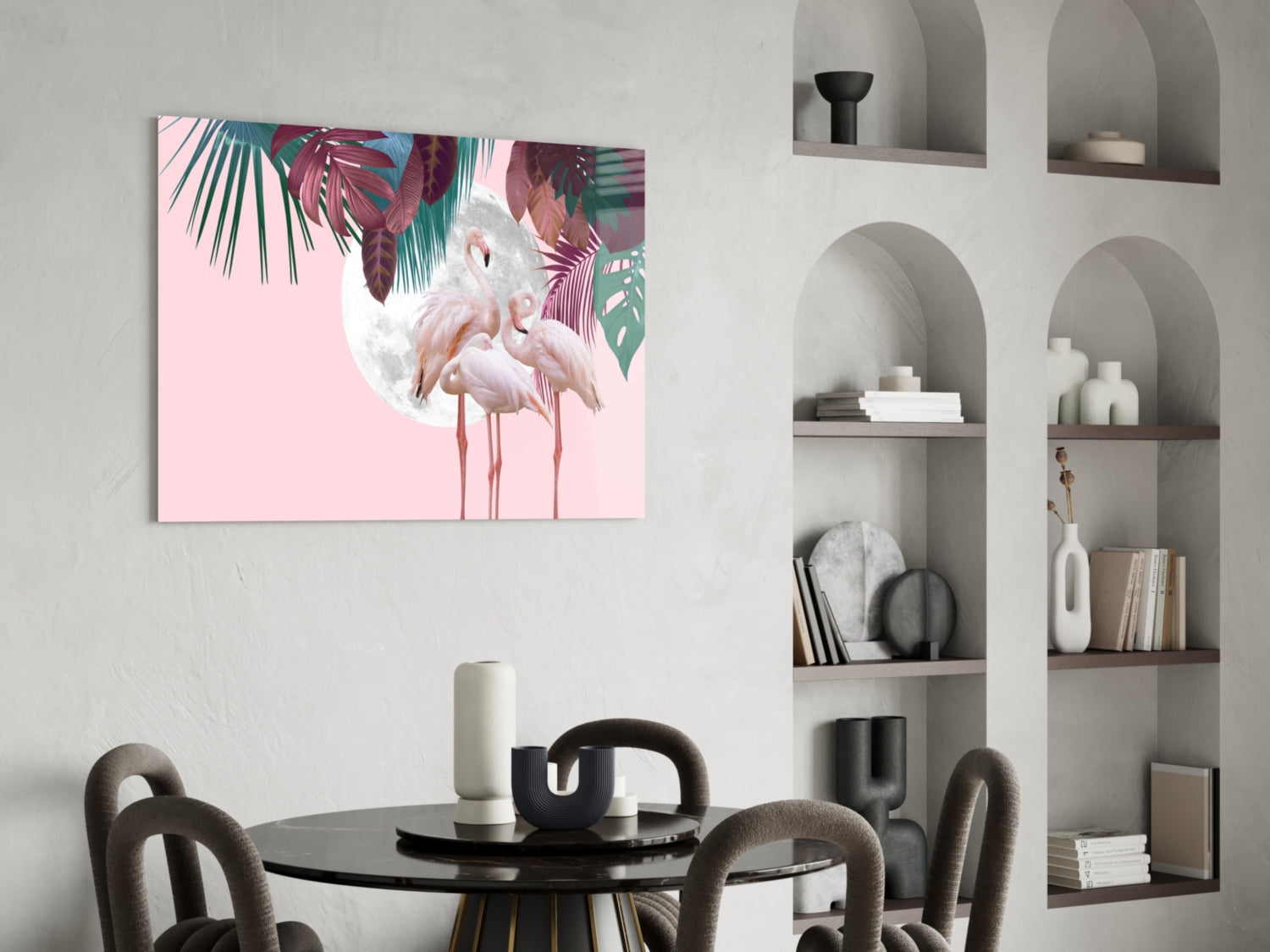 Flamingo Flock Moon Tropical Glass Wall Art