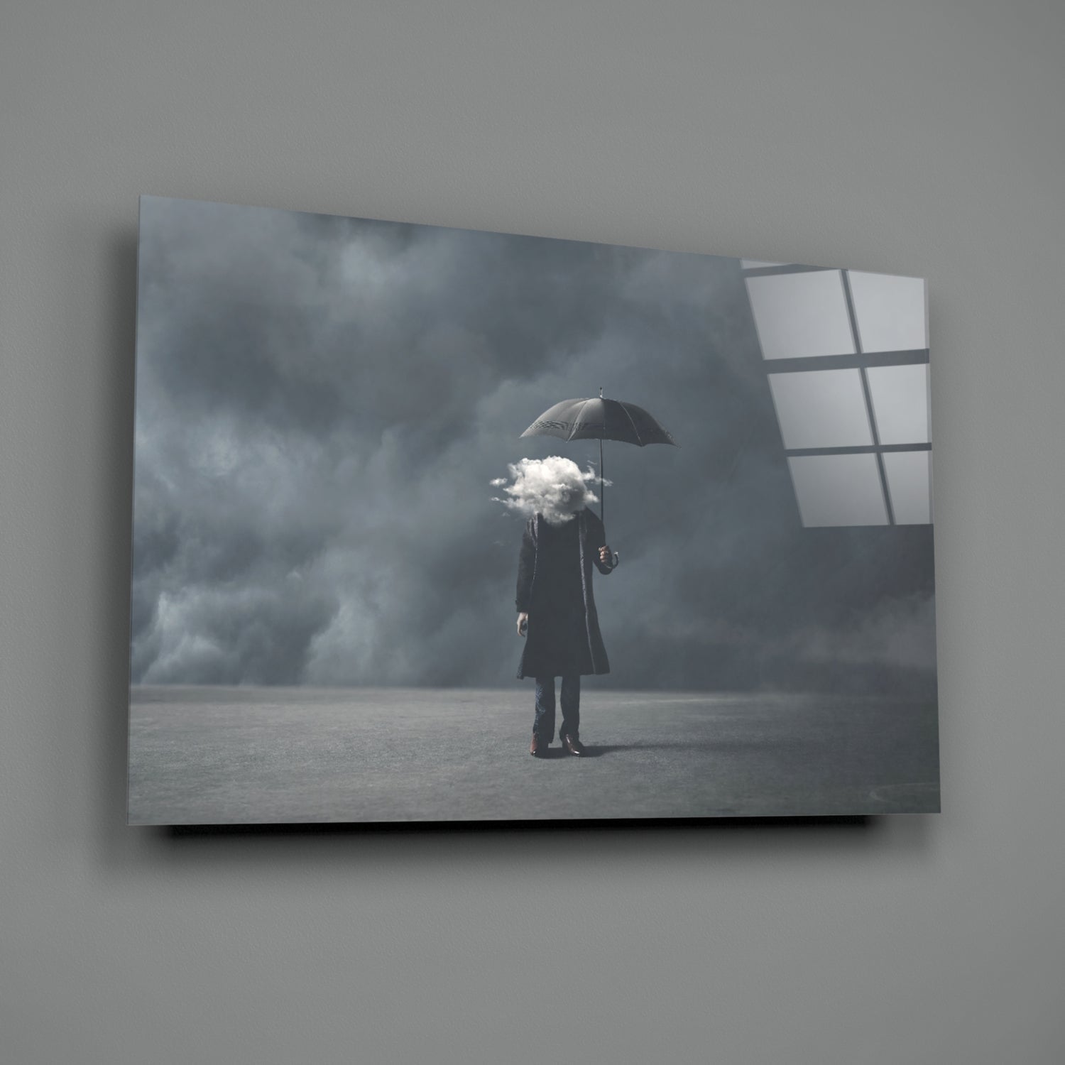 Cloud Head Man With Umbrella Fog Glass Wall Art