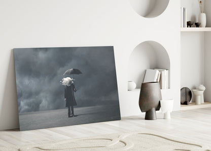 Cloud Head Man With Umbrella Fog Glass Wall Art